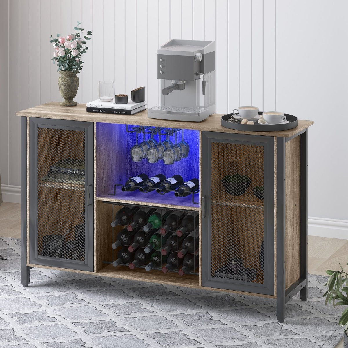 Wine & Liquor Cabinets | Wine Cabinet with Detachable Wine Rack and LED Lights - MjkoneCabinets