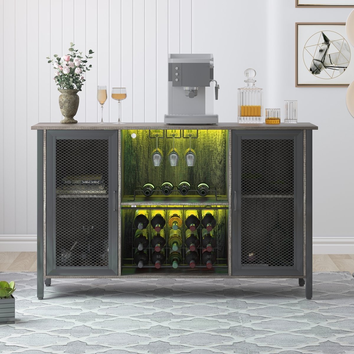 Wine & Liquor Cabinets | Wine Cabinet with Detachable Wine Rack and LED Lights - MjkoneCabinets